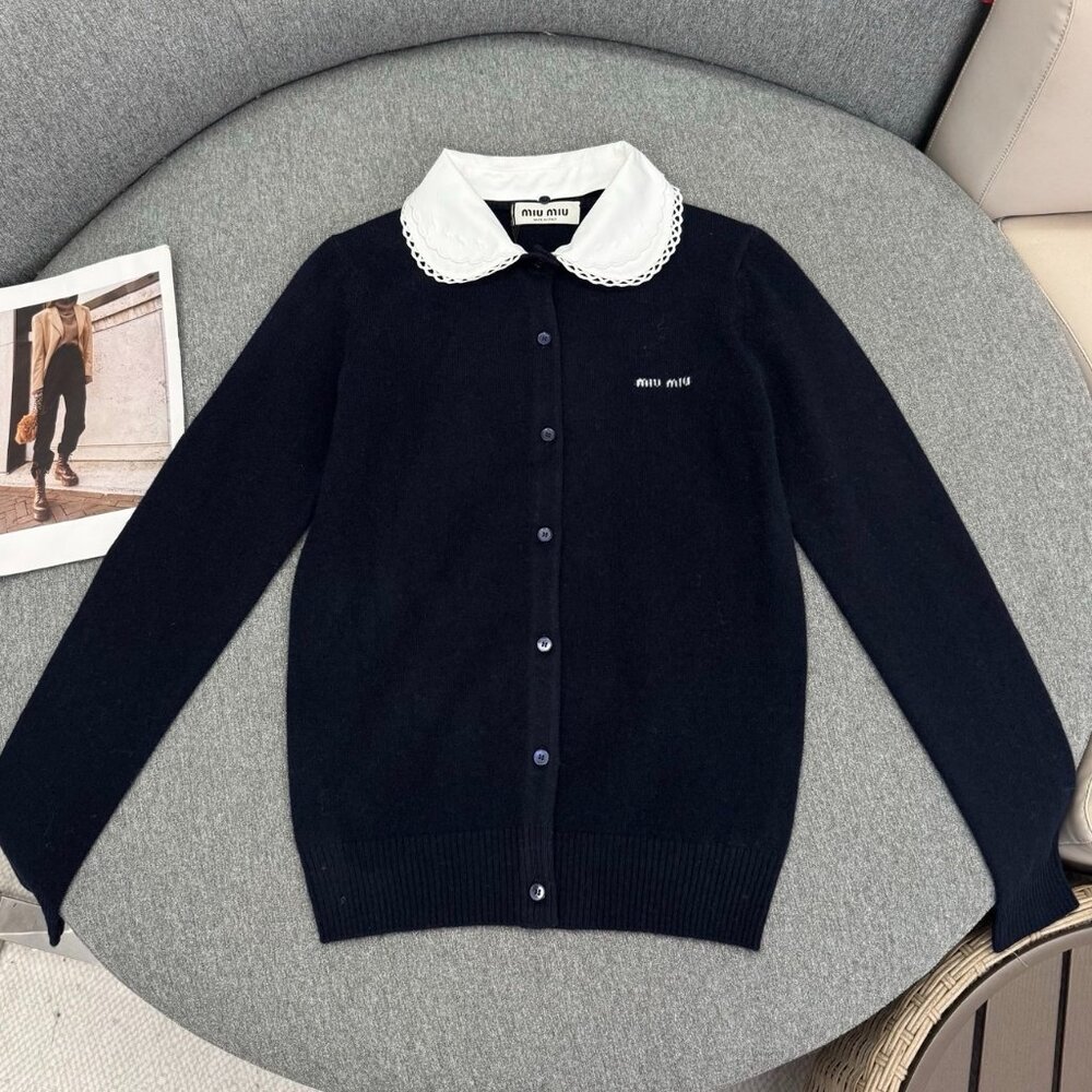 MIU MIU SS26 Embroidered Poplin Collar Cashmere Cardigan (Women's) Sz S